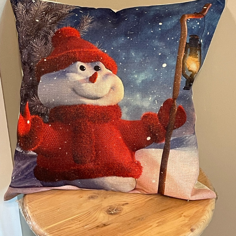 Cozy Snowman Holiday Decorative Throw Pillow with Red and White Accents